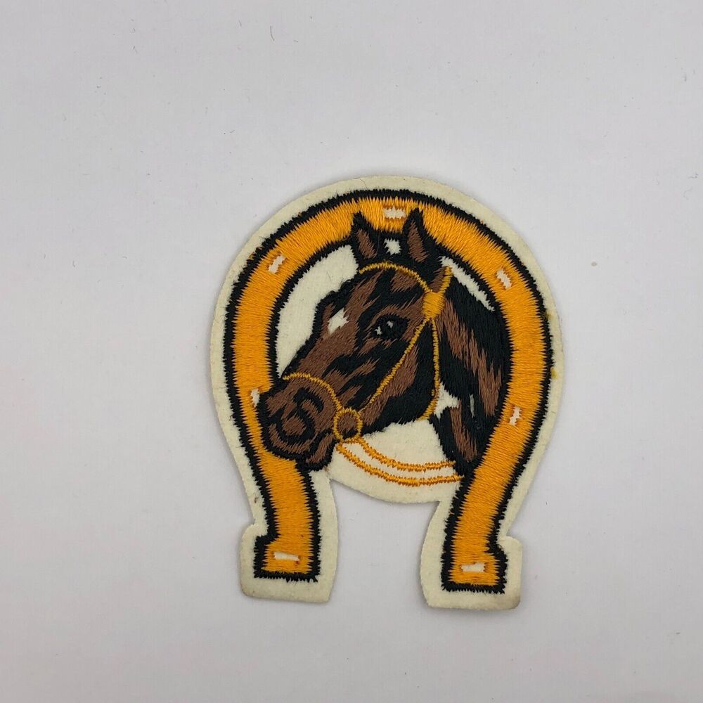 VINTAGE NEW Horse Head Horseshoe Sew On Patch Gold Brown 3 1/2"